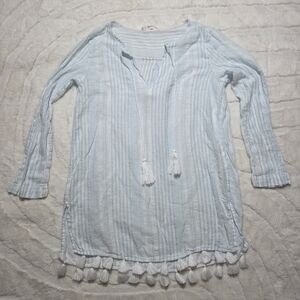 C&C California Linen Blend Coastal Beach Tunic Swim Cover Up Boho Tassels Sz S